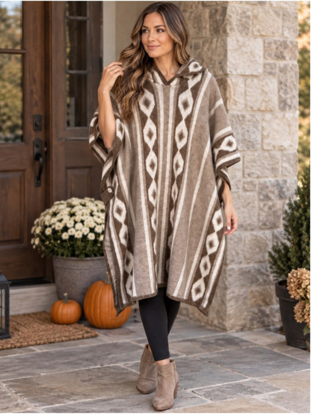 Ice Castles Brown Aztec Boho Hooded Poncho Sweater One Size Southwestern Cozy